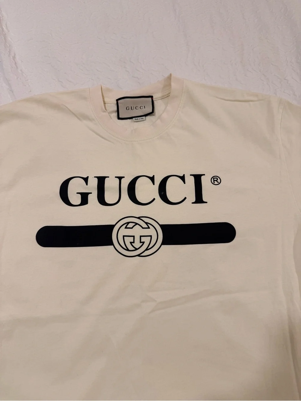 Gucci Cream Short-Sleeve Logo Tee with Black Print
